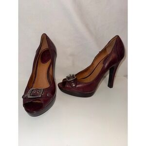 Frye Gail Pump Burgundy Leather Peep Toe Buckle Platform Heels 7M F0011 D08